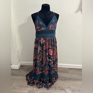 Averie Floral Maxi Dress Boho Lace Trim Criss Cross Back | Size XXL